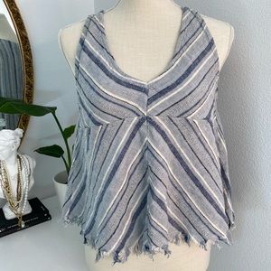 Tank top blouse v neck with split open back - linen , blue , stripe design